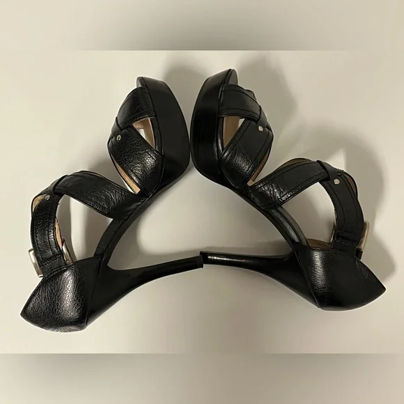 Michael Kors Black Leather Brushed Nickel Studded Buckle Platform Heels 7.5M - Picture 7 of 13